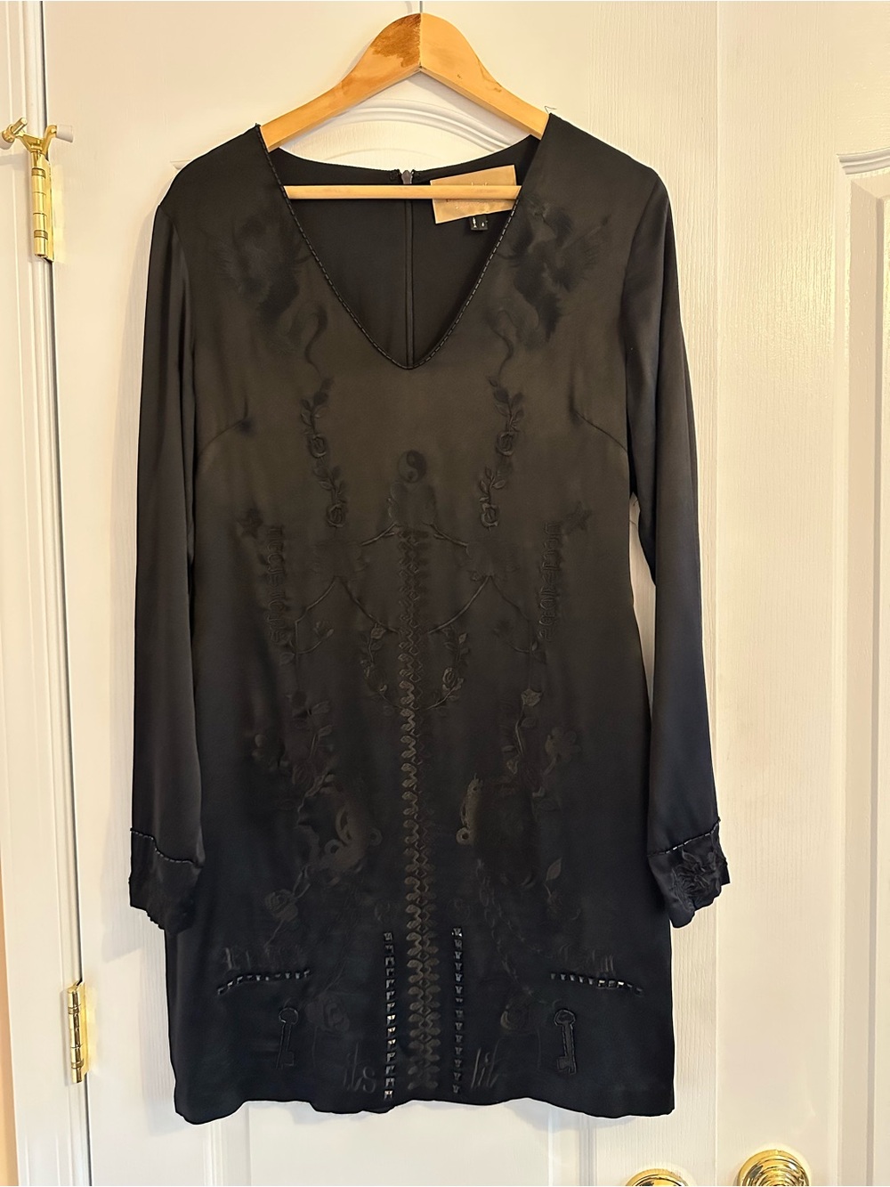 Nicole Miller Black Long Sleeve Embroidered Dress